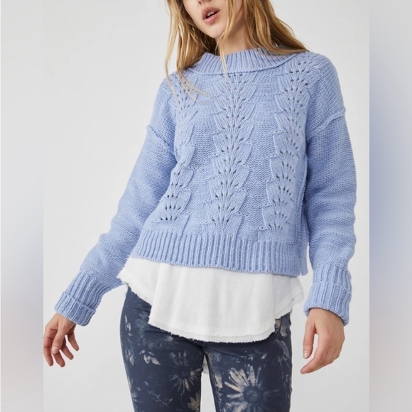 Free People Bell Song Pullover Vintage Blue Knit Sweater M - Picture 5 of 10